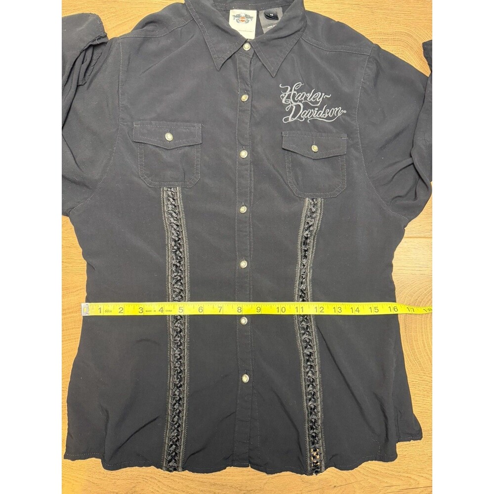 Harley Davidson Women’s M Button Up Shirt 3/4 Sleeves Ribbon Detail Angel Wings - Picture 15 of 15